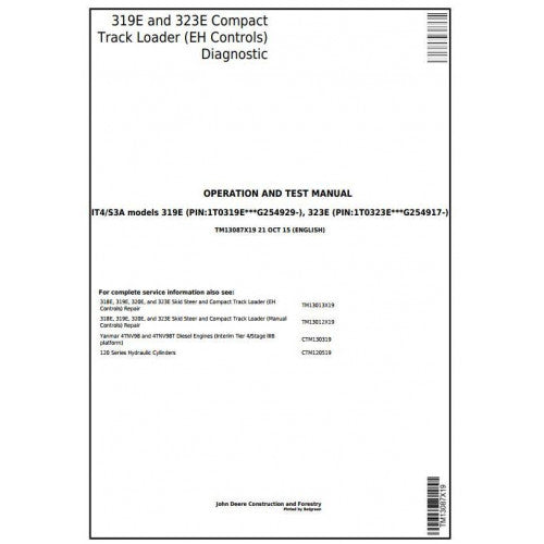 John Deere 319E, 323E Compact Track Loader Pdf Diagnostic, Operation and Tests Service Manual TM13087X19