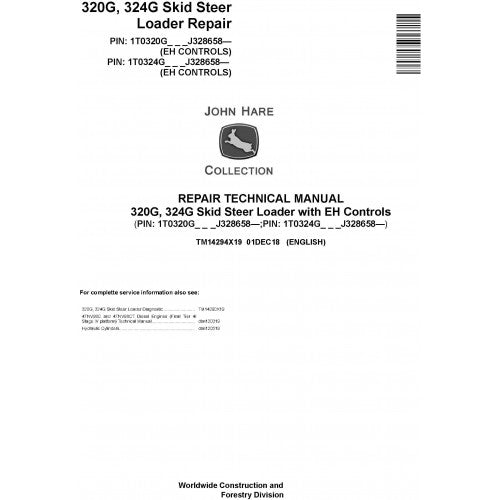 John Deere 320G, 324G Skid Steer Loader Pdf Technical Repair Service Manual TM14294X19