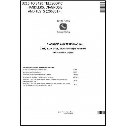 John Deere 3215, 3220, 3415, 3420 Telescopic Handlers Pdf Diagnostic, Operation and Tests Service Manual TM8108