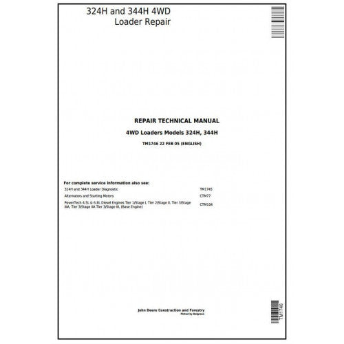 John Deere 324H and 344H 4WD Loaders Pdf Technical Repair Service Manual TM1746