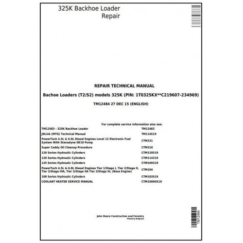 John Deere 325K Backhoe Loader Pdf Technical Repair Service Manual TM12484