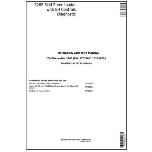 John Deere 326E Skid Steer Loader Pdf Diagnostic, Operation and Tests Service Manual TM13090X19