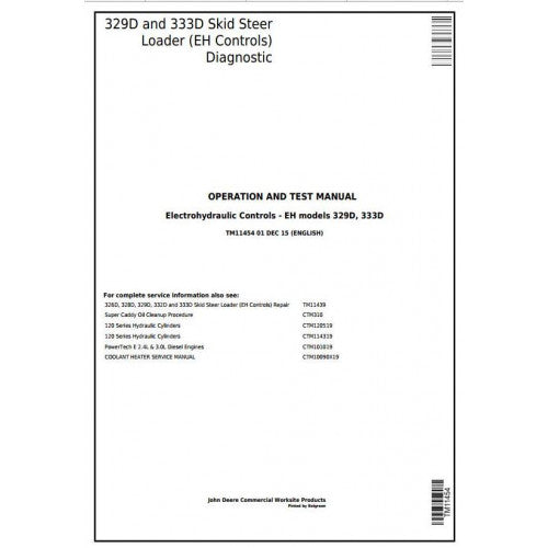John Deere 329D, 333D Skid Steer Loader Pdf Diagnostic, Operation and Tests Service Manual TM11454