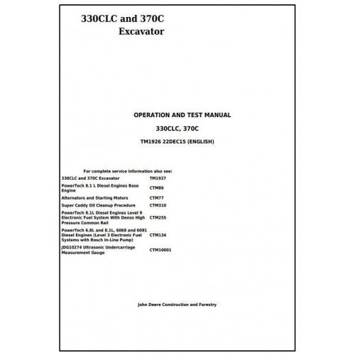 John Deere 330CLC and 370C Excavator Pdf Diagnostic, Operation and Tests Service Manual TM1926