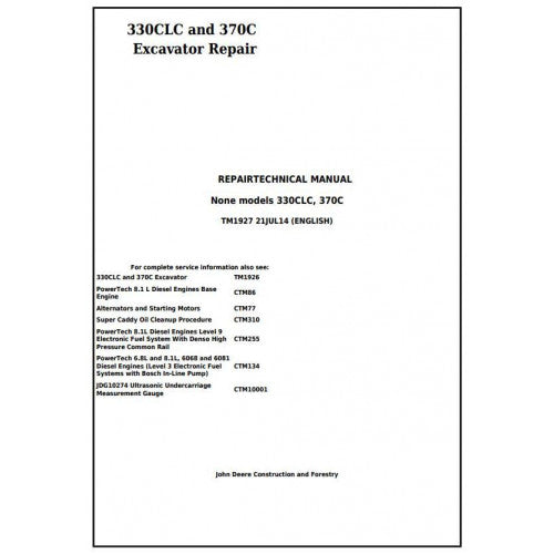 John Deere 330CLC and 370C Excavator Pdf Technical Repair Service Manual TM1927