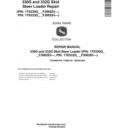 John Deere 330G and 332G Skid Steer Loader Pdf Technical Repair Service Manual TM14063X19