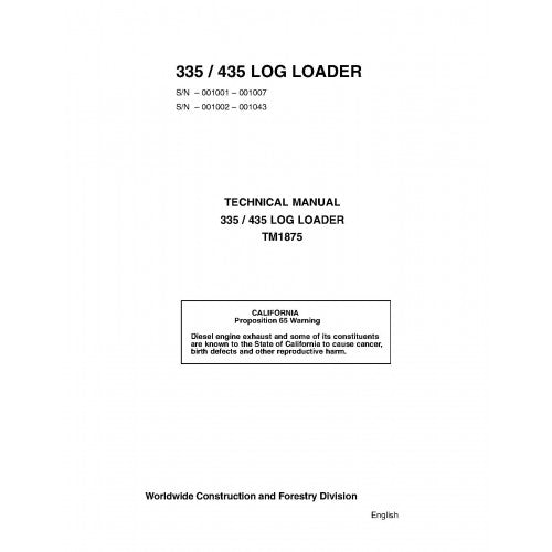 John Deere 335 and 435 Log Loader Pdf Technical Repair Service Manual TM1875