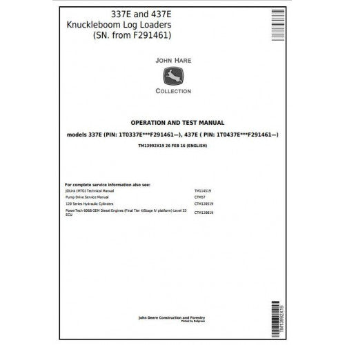 John Deere 337E, 437E Knuckleboom Log Loader Pdf Diagnostic, Operation and Tests Service Manual TM13992X19