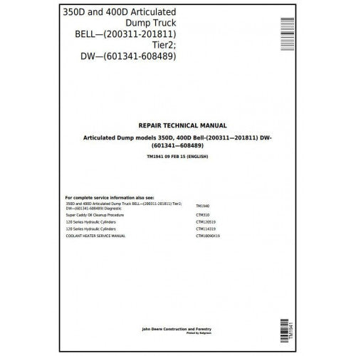 John Deere 350D and 400D Articulated Dump Truck Pdf Technical Repair Manual TM1941
