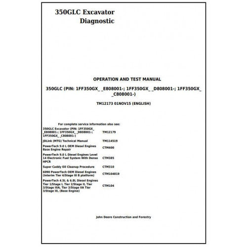 John Deere 350GLC Excavator Pdf Diagnostic, Operation and Tests Service Manual TM12173