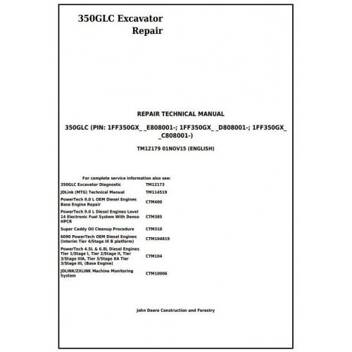 John Deere 350GLC Excavator Pdf Technical Repair Service Manual TM12179