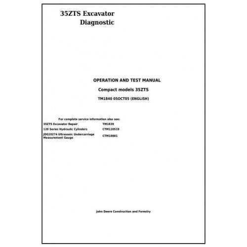 John Deere 35ZTS Compact Excavator Pdf Diagnostic, Operation and Tests Service Manual TM1840