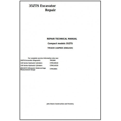 John Deere 35ZTS Compact Excavator Pdf Technical Repair Service Manual TM1839