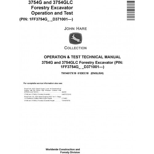 John Deere 3754G, 3754GLC Forestry Excavator Pdf Diagnostic, Operation and Tests Service Manual TM14017X19