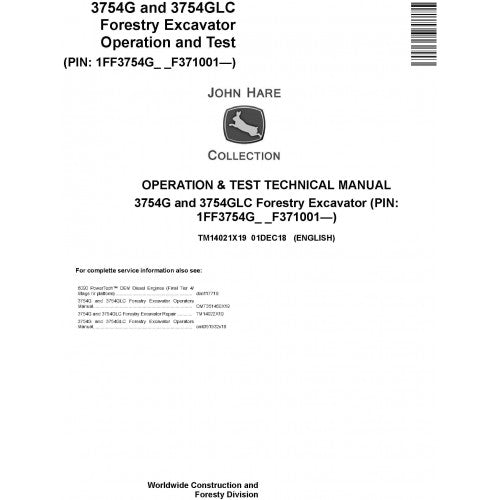 John Deere 3754G, 3754GLC Forestry Excavator Pdf Diagnostic, Operation and Tests Service Manual TM14021X19