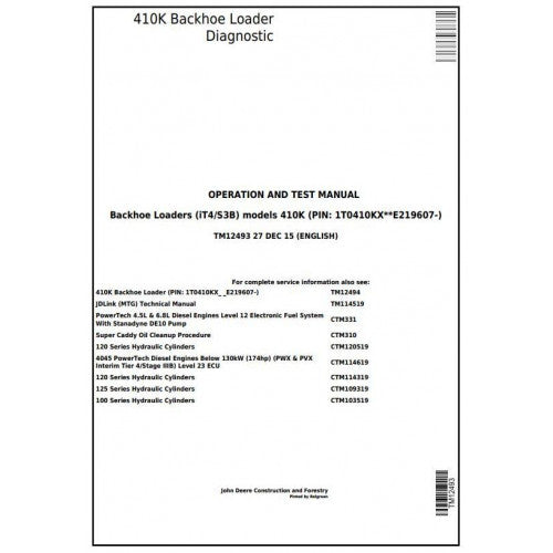 John Deere 410K Backhoe Loader Pdf Diagnostic, Operation and Tests Service Manual TM12493