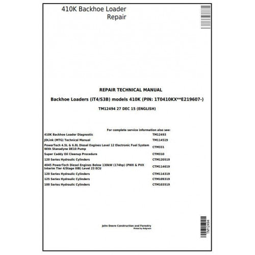 John Deere 410K Backhoe Loader Pdf Technical Repair Service Manual TM12494