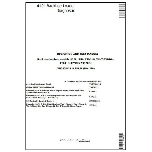 John Deere 410L Backhoe Loader Pdf Diagnostic, Operation and Tests Service Manual TM13305X19