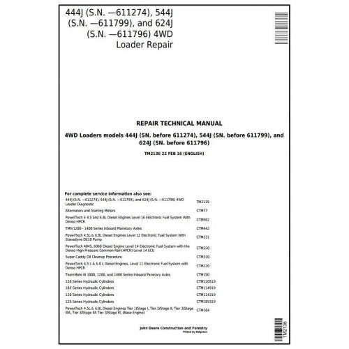 John Deere 444J, 544J, 624J 4WD Loader Pdf Technical Repair Service Manual TM2136