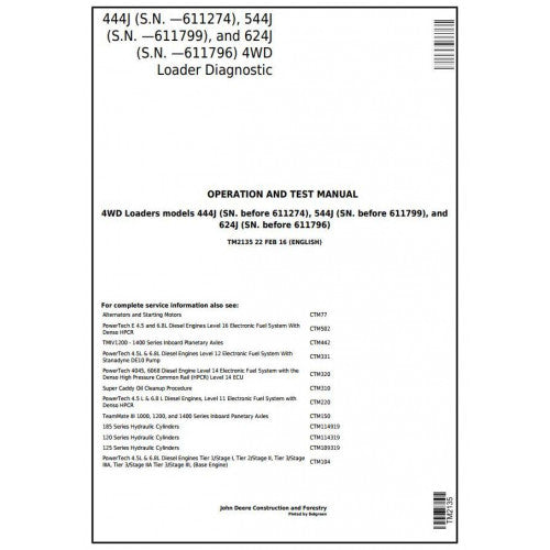 John Deere 444J, 544J, 624J Loaders Pdf Diagnostic, Operation and Tests Service Manual TM2135