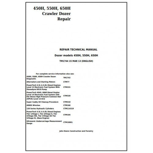 John Deere 450H, 550H, 650H Crawler Dozer Pdf Technical Repair Service Manual TM1744