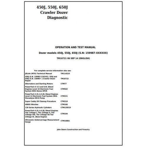 John Deere 450J, 550J, 650J Crawler Dozer Pdf Diagnostic, Operation and Tests Service Manual TM10721
