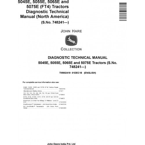 John Deere 5045E, 5055E, 5065E, 5075E Tractor Pdf Diagnostic and Technical Repair Manual TM902419