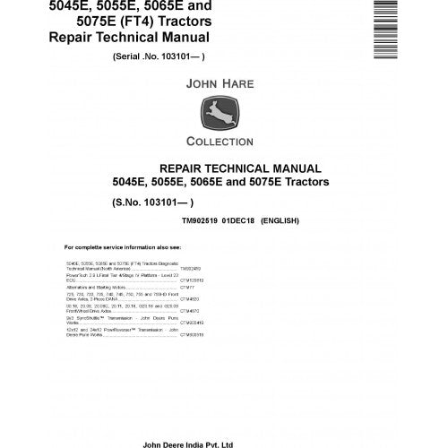 John Deere 5045E, 5055E, 5065E, 5075E Tractor Pdf Technical Repair Manual TM902519 2