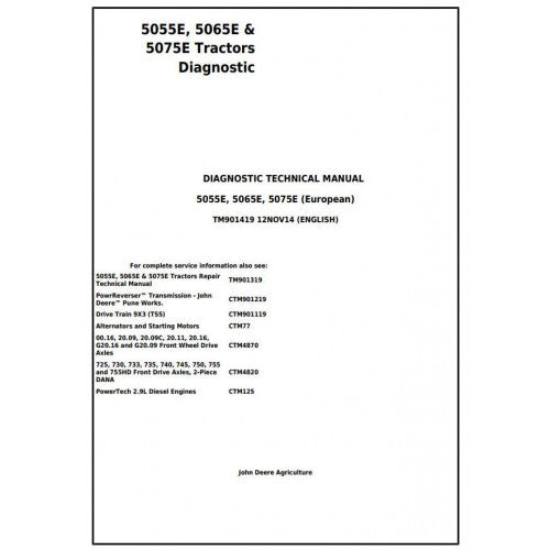 John Deere 5055E, 5065E and 5075E Tractor Pdf Diagnostic and Technical Repair Manual TM901419