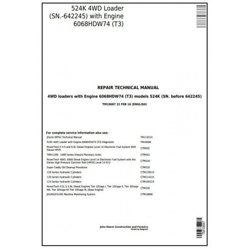 John Deere 524K 4WD Loader Pdf Technical Repair Service Manual TM10687