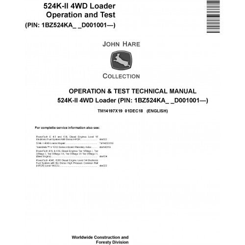John Deere 524K II 4WD Loader Pdf Diagnostic, Operation and Tests Service Manual TM14197X19
