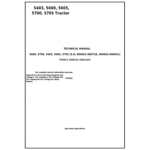 John Deere 5403, 5600, 5605, 5700, 5705 Tractor Pdf Technical Repair Manual TM4812