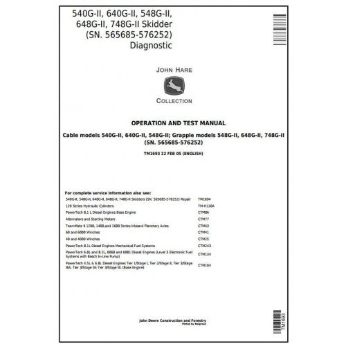 John Deere 540G-2, 640G-2, 548G-2, 648G-2, 748G-2 Skidder Pdf Diagnostic, Operation and Tests Service Manual TM1693