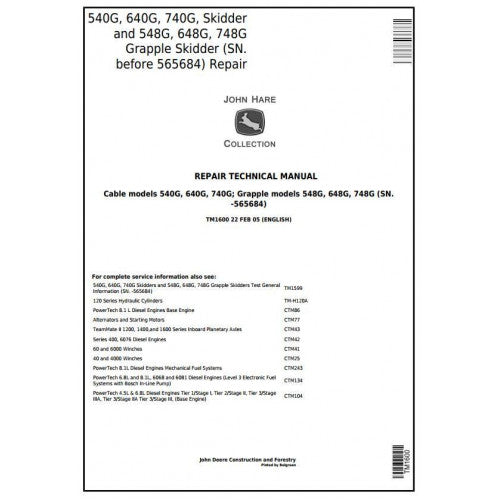 John Deere 540G, 640G, 740G, 548G, 648G, 748G Skidder Pdf Technical Repair Service Manual TM1600
