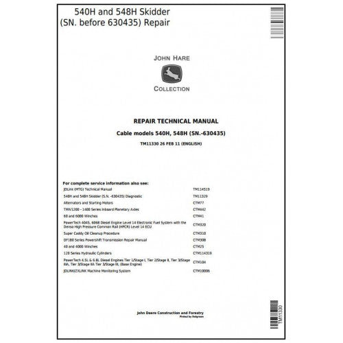 John Deere 540H Cable Skidder and 548H Grapple Skidder Pdf Technical Repair Service Manual TM11330