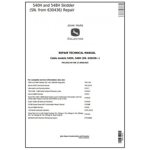 John Deere 540H Cable Skidder and 548H Grapple Skidder Pdf Technical Repair Service Manual TM11810