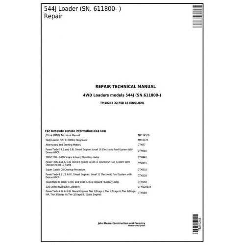 John Deere 544J 4WD Loader Pdf Technical Repair Service Manual TM10244