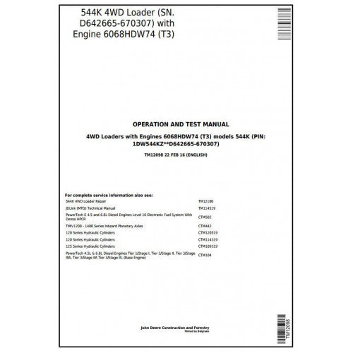 John Deere 544K 4WD Loader Pdf Diagnostic, Operation and Tests Service Manual TM12098