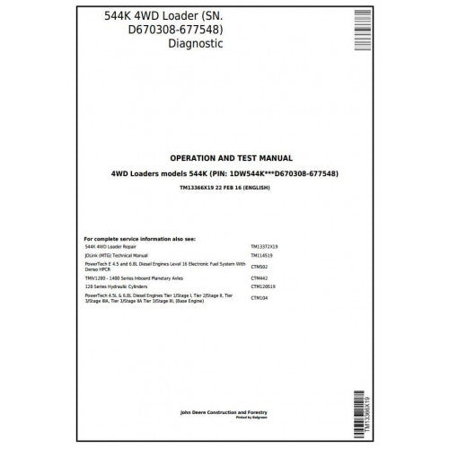 John Deere 544K 4WD Loader Pdf Diagnostic, Operation and Tests Service Manual TM13366X19
