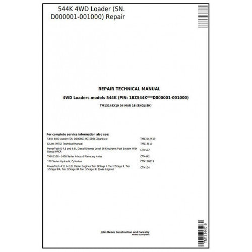 John Deere 544K 4WD Loader Pdf Technical Repair Service Manual TM13144X19