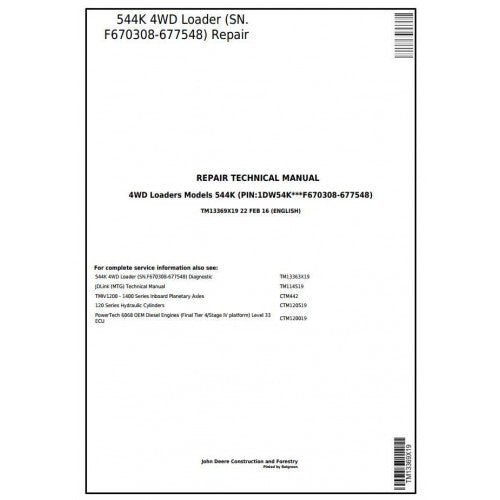 John Deere 544K 4WD Loader Pdf Technical Repair Service Manual TM13369X19