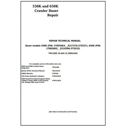 John Deere 550K and 650K Crawler Dozer Pdf Technical Repair Service Manual TM12289