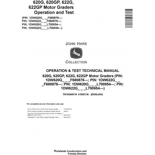 John Deere 620G, 620GP, 622G, 622GP Motor Graders Pdf Operation and Tests Technical Manual TM14240X19