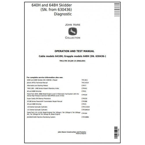 John Deere 640H and 648H Skidder Pdf Diagnostic, Operation and Tests Service Manual TM11795