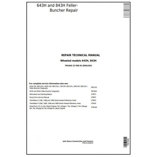 John Deere 643H and 843H Wheeled Feller Buncher Pdf Technical Repair Service Manual TM1845