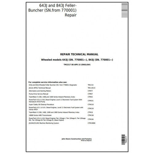 John Deere 643J, 843J Wheeled Feller Buncher Pdf Technical Repair Service Manual TM2217