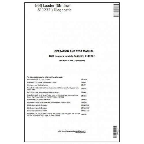 John Deere 644J 4WD Loader Pdf Diagnostic, Operation and Tests Service Manual TM10231