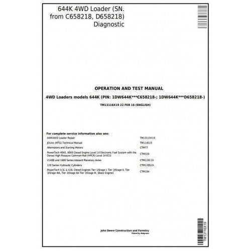 John Deere 644K 4WD Loader Pdf Diagnostic, Operation and Tests Service Manual TM13116X19