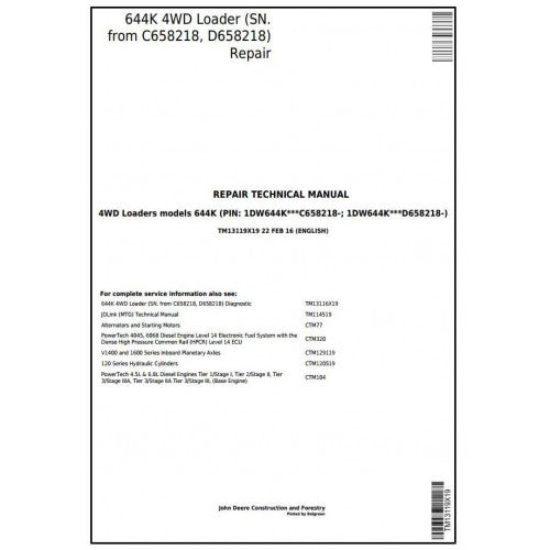 John Deere 644K 4WD Loader Pdf Technical Repair Service Manual TM13119X19