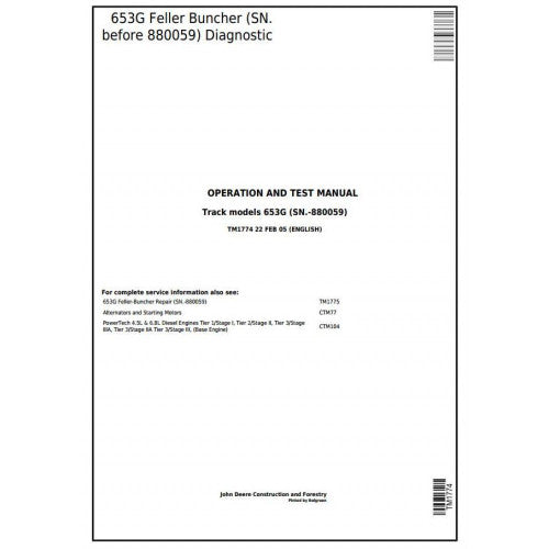 John Deere 653G Tracked Feller Buncher Pdf Diagnostic, Operation and Tests Service Manual TM1774